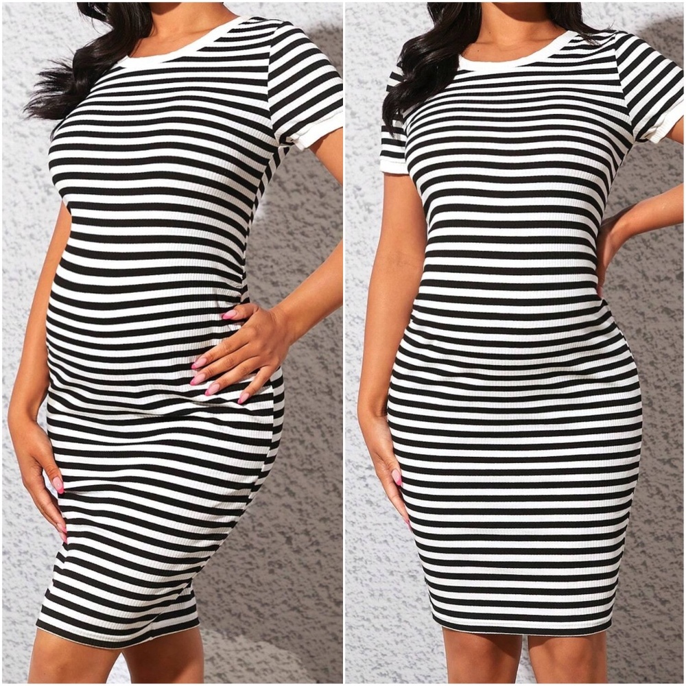 Maternity Striped Fitted Short Sleeve Dress - Picture 4 of 5